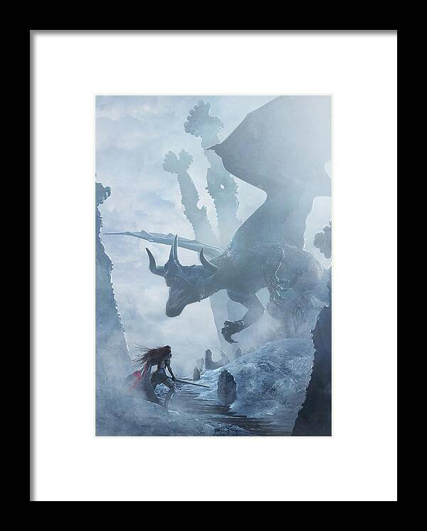 Landscape Framed Print featuring the painting Santa Georgina vs The Dragon by Guillem H Pongiluppi