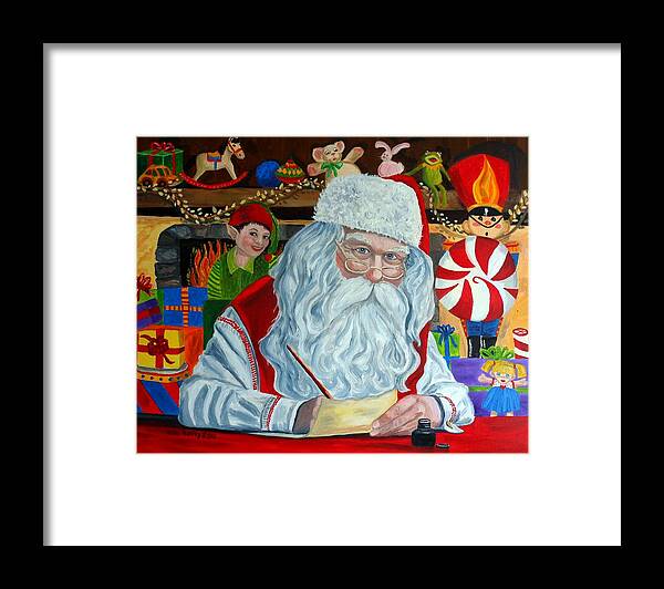 Santa Framed Print featuring the painting Santa's Making A List-Christmas Holiday painting by Julie Brugh Riffey