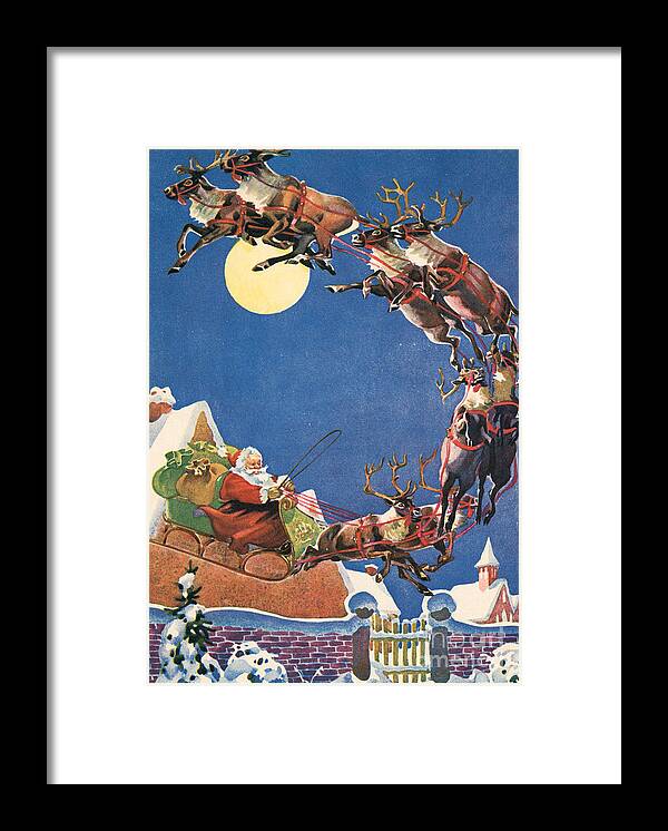 Night Before Christmas Framed Print featuring the painting Santa's Sleigh and Reindeer Flying in the Night Sky on Christmas Eve by American School