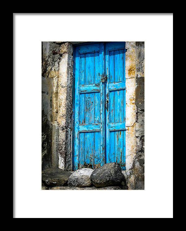 Santorini Framed Print featuring the photograph Santorini Blue Door by Pamela Newcomb