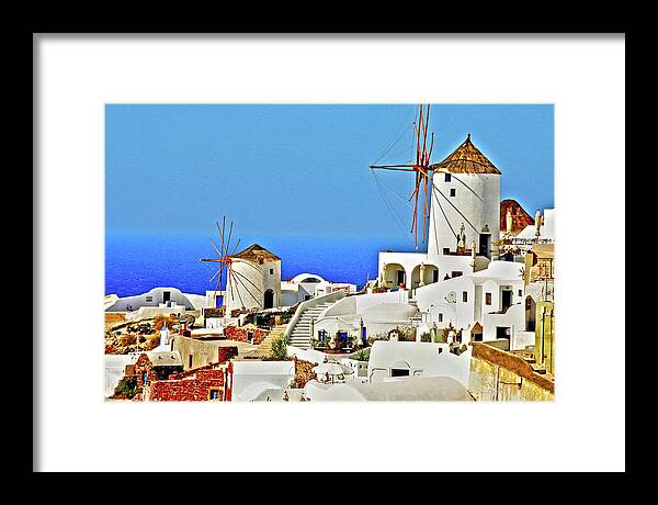 Windmills Framed Print featuring the photograph Santorini, Greece - Windmills by Richard Krebs