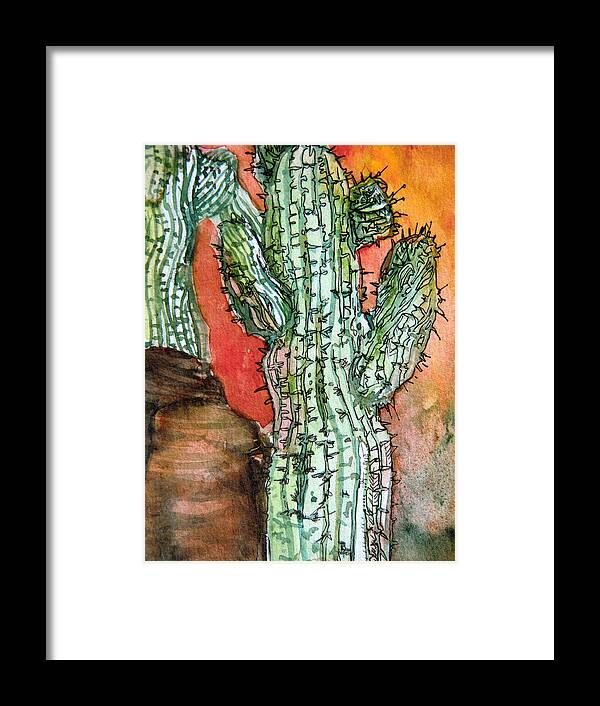 Cactus Framed Print featuring the painting Saquaros by Mindy Newman