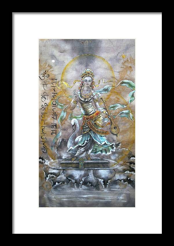 Saraswati Framed Print featuring the painting Saraswati by Silk Alchemy