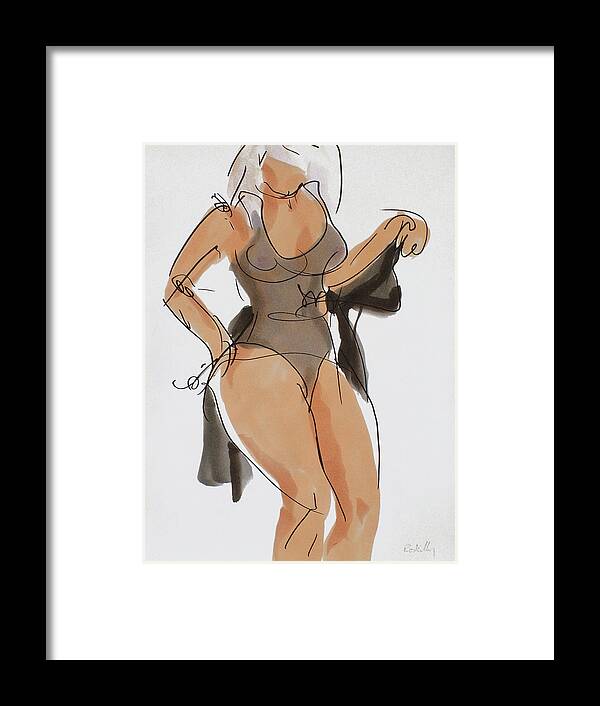 Striptease Framed Print featuring the drawing Sassy in black silk by Peregrine Roskilly