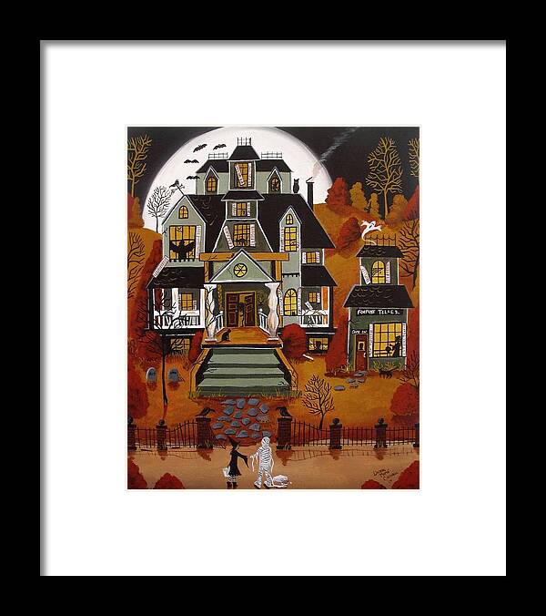 Folk Art Framed Print featuring the painting Scaredy Cat - Halloween folk art - artist folkartmama by Debbie Criswell