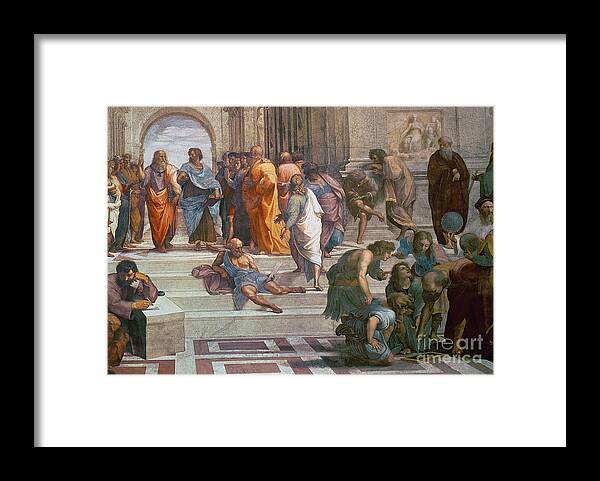 The School Of Athens Framed Print featuring the painting School of Athens, detail from right hand side showing Diogenes on the steps and Euclid by Raphael