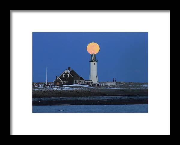 Lighthouse Framed Print featuring the photograph Scituate Lighthouse Snow Moon by John Burk