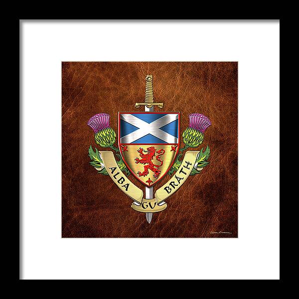 “world Heraldry” Collection Serge Averbukh Framed Print featuring the digital art Scotland Forever - Alba Gu Brath - Symbols of Scotland over Brown Leather by Serge Averbukh