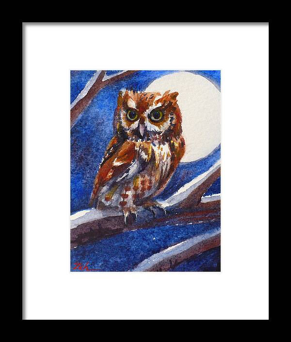 Owl Print Framed Print featuring the painting Screech Owl and Full Moon by Janet Zeh