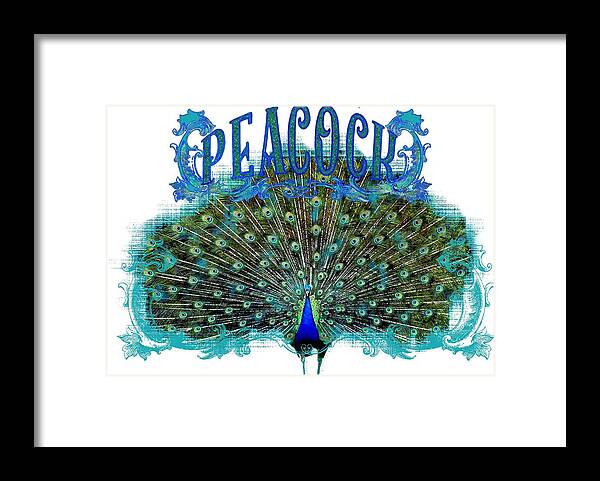 Peacock Framed Print featuring the painting Scroll Swirl Art Deco Nouveau Peacock w Tail Feathers Spread by Audrey Jeanne Roberts
