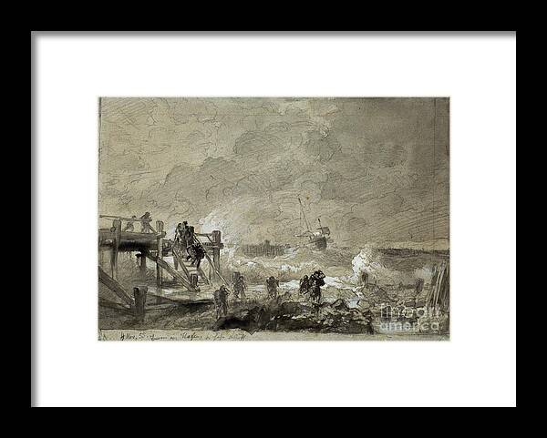 Andreas Achenbach Framed Print featuring the painting Sea Landscape With Footbridge by MotionAge Designs