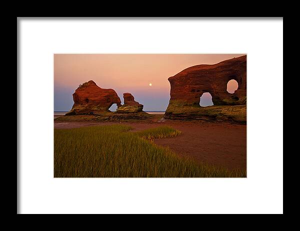 Coastal Framed Print featuring the photograph Sea Stacks And Moon At Twilight by Irwin Barrett
