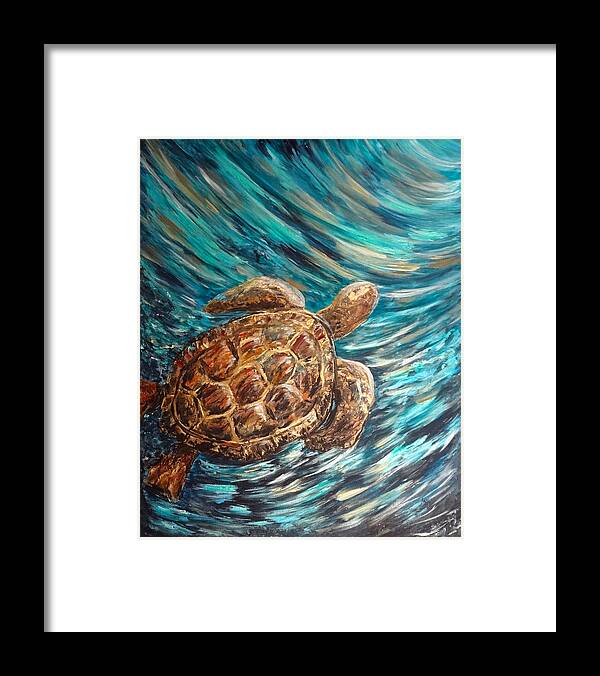 Sea Framed Print featuring the painting Sea Turtle Wave Guam by Michelle Pier