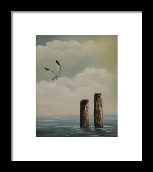 Seascape Framed Print featuring the painting Seagull Landing by Joni McPherson