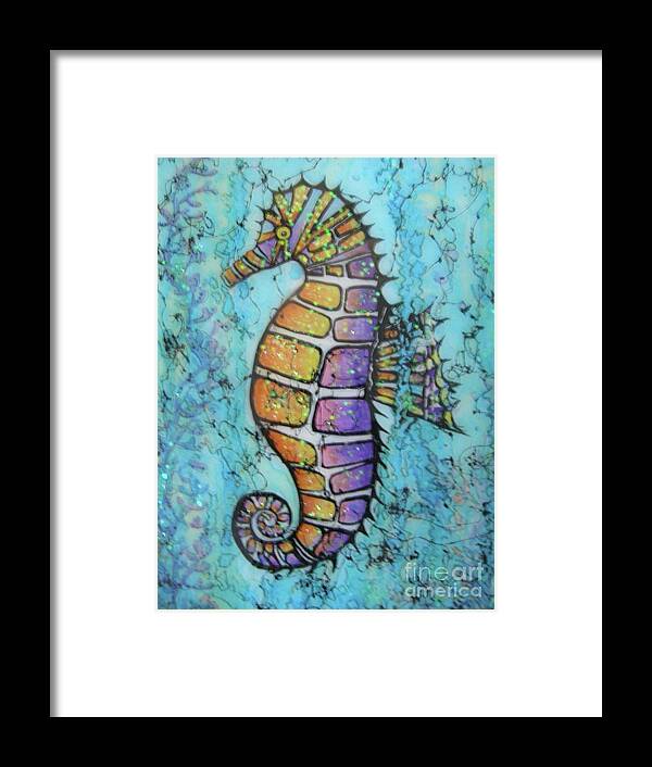 Turquoise Framed Print featuring the painting Seahorse Downunder by Midge Pippel
