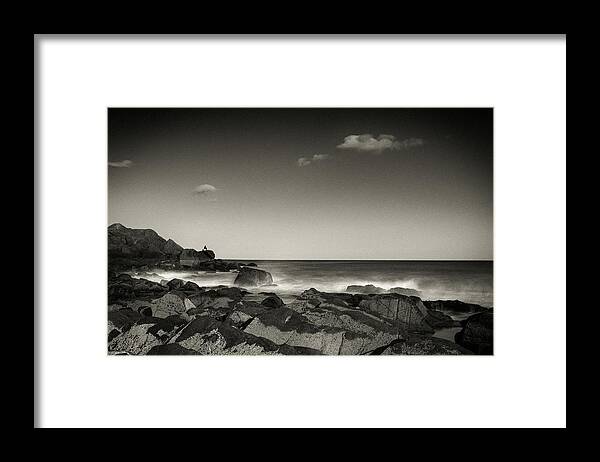 Solitude Seaside Lonely Moody Depressing Sad Fishing Fisher Fisherman Man Lone Oceanside Ocean Atlantic Newengland New England Outside Outdoors Nature Long Exposure Rocky Rocks Gloucester Ma Mass Massachusetts U.s.a. Usa Brian Hale Brianhalephoto Black And White Framed Print featuring the photograph Seaside Solitude by Brian Hale