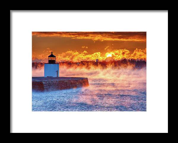 Derby Wharf Salem Framed Print featuring the photograph Seasmoke at Salem Lighthouse by Jeff Folger