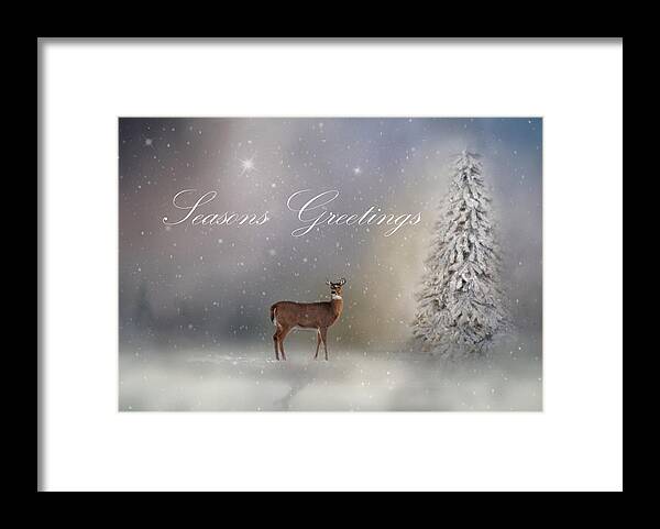 Seasons Greetings Framed Print featuring the photograph Seasons Greetings With Deer by Ann Bridges