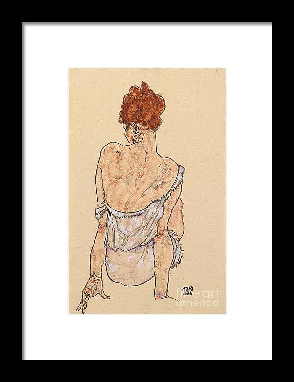 Seated Woman In Underwear Framed Print featuring the drawing Seated woman in underwear by Egon Schiele