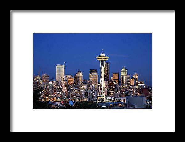 3scape Photos Framed Print featuring the photograph Seattle at Dusk by Adam Romanowicz