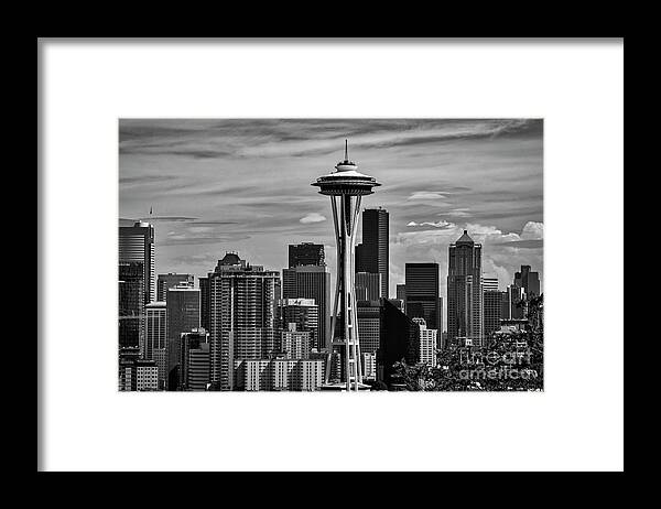 Space-needle Framed Print featuring the photograph Seattle Skyline In Black and White by Kirt Tisdale