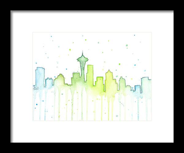 Seattle Framed Print featuring the painting Seattle Skyline Watercolor by Olga Shvartsur