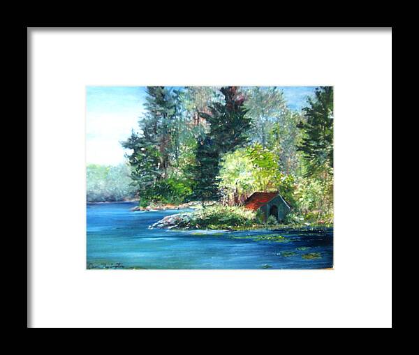 Millsite Lake Framed Print featuring the painting Secluded Boathouse-Millsite Lake by Jan Byington