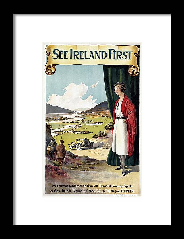 Ireland Framed Print featuring the mixed media See Ireland First - Irish Tourist Association - Retro travel Poster - Vintage Poster by Studio Grafiikka