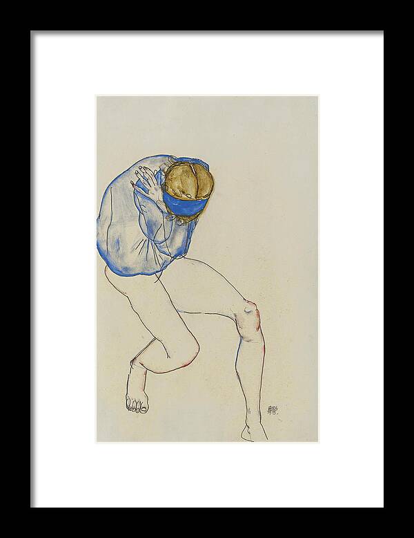 Egon Schiele Framed Print featuring the drawing Semi-Nude Blond Girl with Blue Shirt and Blue Headband by Egon Schiele