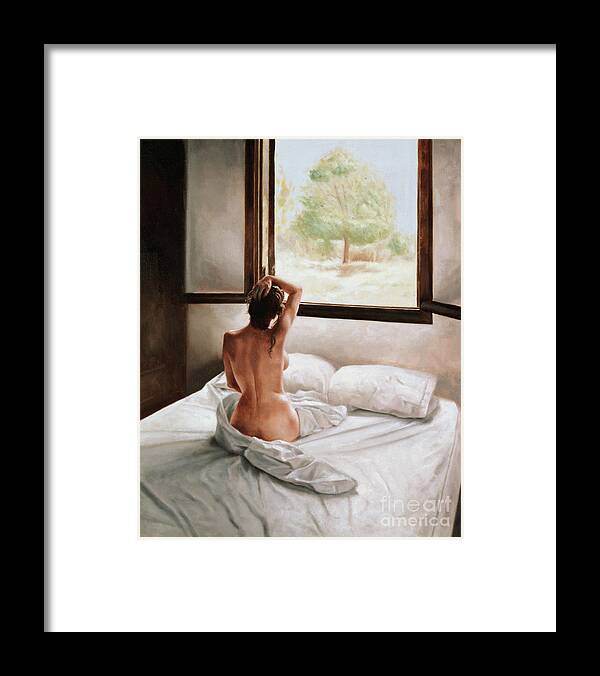 Bed; Waking Up; Female; Woman; Nude; Bedsheets; Sheets; Window; View; Tree Framed Print featuring the painting September Morning by John Worthington