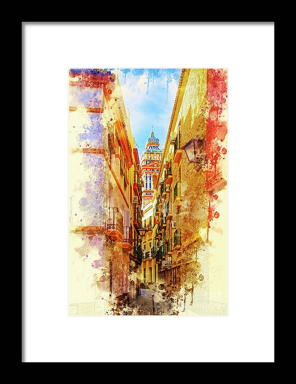 Cathedral Framed Print featuring the digital art Seville Street in Watercolor by Mary Machare