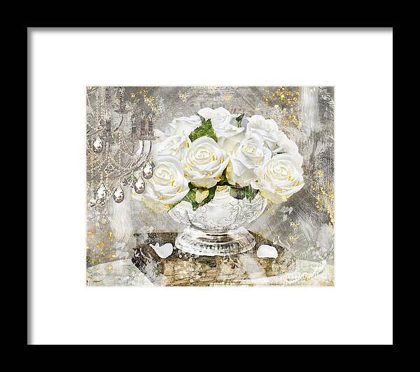 Shabby Roses Framed Print featuring the painting Shabby White Roses with Gold Glitter by Mindy Sommers