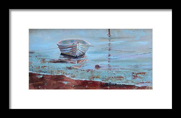 Rowboat Framed Print featuring the painting Shallow Tether by Trina Teele