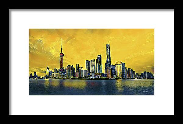 Skyline Framed Print featuring the digital art Shanghai Skyline - China by Russ Harris