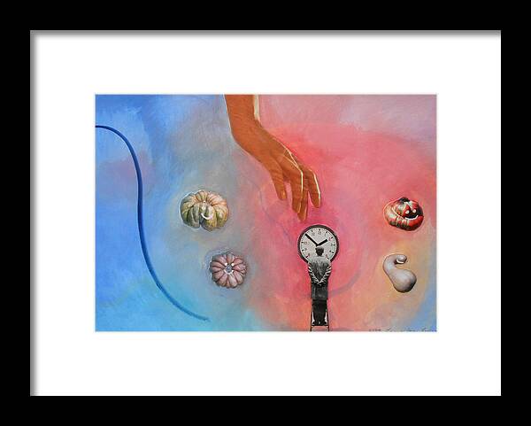 Surreal Surrealist Watercolor Collage Painting Paintings Color Multicolored Hand Time Clock Gourds Photos Man Photography Mystical Spiritual Goddess Framed Print featuring the painting She Came From Above by Laura Joan Levine