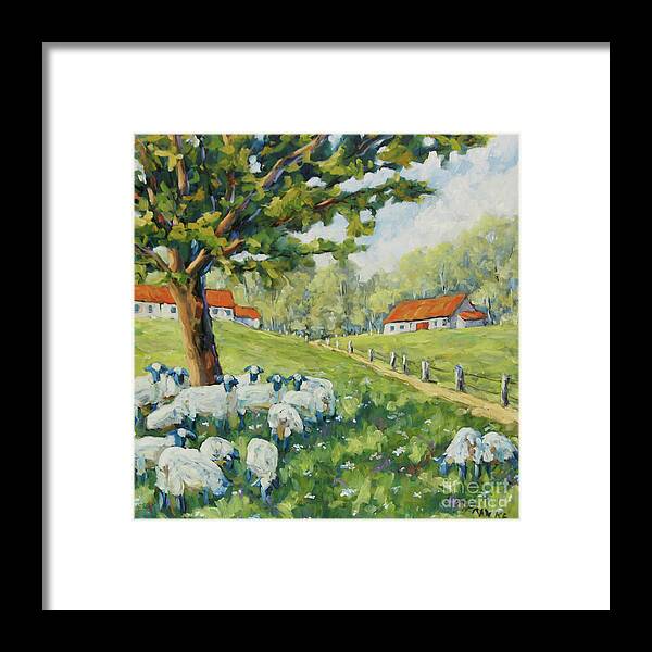 20x 20 X 1.5 Oil On Canvas Framed Print featuring the painting Sheep Huddled under the tree Farm Scene by Richard T Pranke