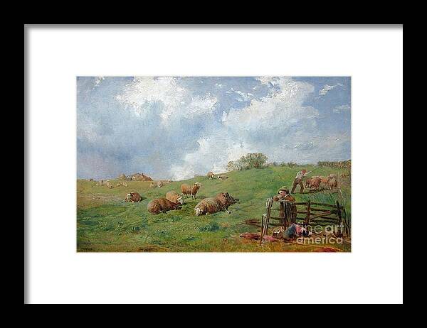 James John Hill - Sheep On A Hillside Framed Print featuring the painting Sheep on a Hillside by MotionAge Designs