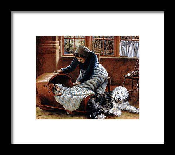 Sheepdog With Baby Framed Print featuring the painting Sheepdog Guard by Marie Witte