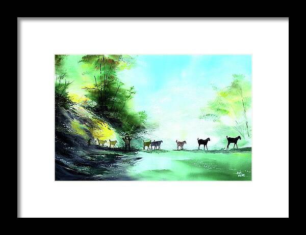 Nature Framed Print featuring the painting Shepherd by Anil Nene