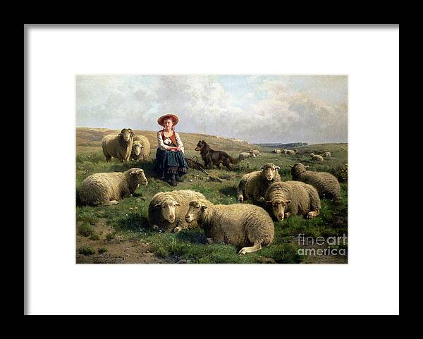 Shepherdess With Sheep In A Landscape By C. Leemputten (1841-1902) And Gerard Framed Print featuring the painting Shepherdess with Sheep in a Landscape by C Leemputten and T Gerard