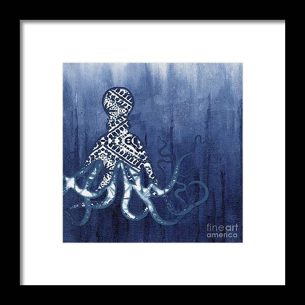 Octopus Framed Print featuring the painting Shibori Blue 2 - Patterned Octopus over Indigo Ombre Wash by Audrey Jeanne Roberts
