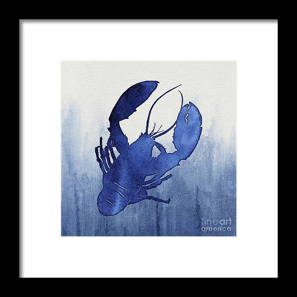 Lobster Framed Print featuring the painting Shibori Blue 3 - Lobster over Indigo Ombre Wash by Audrey Jeanne Roberts