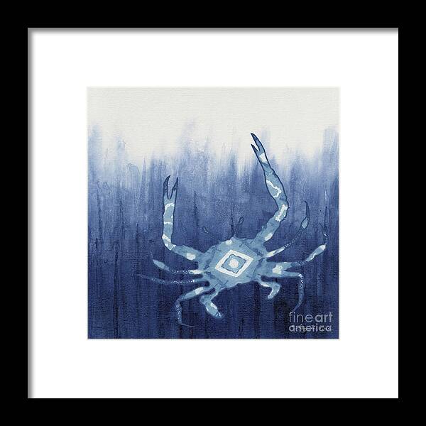 Blue Crab Framed Print featuring the painting Shibori Blue 4 - Patterned Blue Crab over Indigo Ombre Wash by Audrey Jeanne Roberts