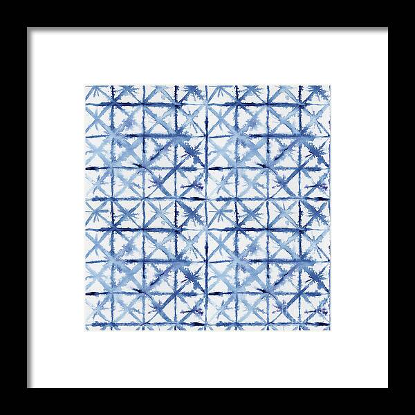 Shibori Framed Print featuring the painting Shibori Kubo Watecolor X Pattern Line Work Indigo Blue by Audrey Jeanne Roberts