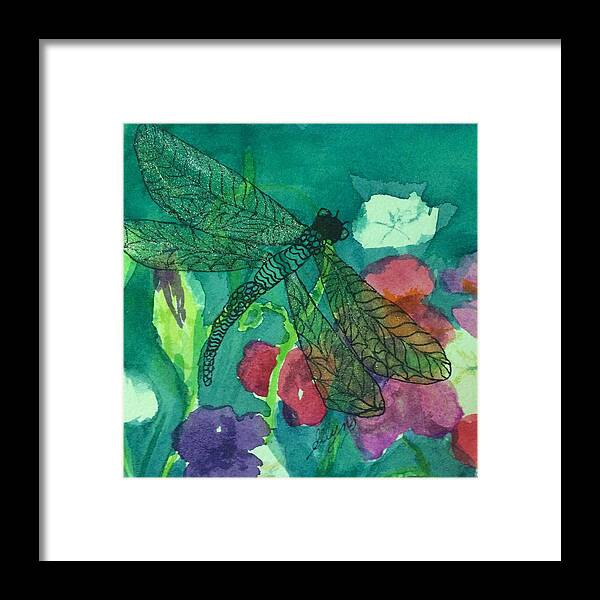 Dragonfly Framed Print featuring the painting Shimmering Dragonfly w Sweetpeas Square Crop by Ellen Levinson