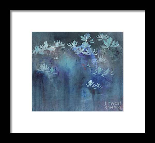 Lotus Flowers Shimmering At Night In The Field Framed Print featuring the painting Shimmering in the Night II by Mui-Joo Wee