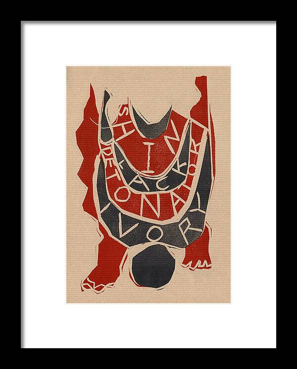Poster Framed Print featuring the relief Shin Detonator A4 lino 4 by Edgeworth Johnstone