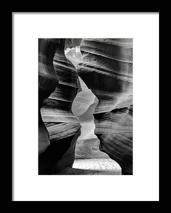America Print Framed Print featuring the photograph Shining In - Entrance of Antelope Canyon Black and White by Gregory Ballos