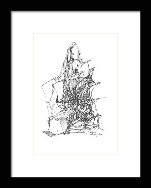 Landscape Framed Print featuring the drawing Ship embedded in rocks by Padamvir Singh