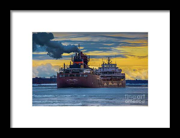 Ship Framed Print featuring the photograph Ship Hon. James L. Oberstar Winter Sunrise -6878 Great Lake Freighters by Norris Seward